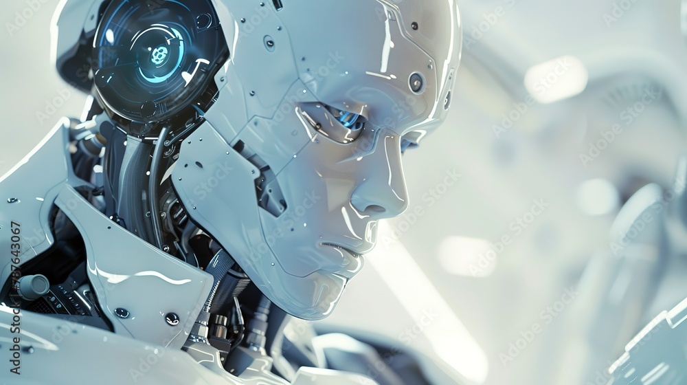 Advanced AI robot assembling gadgets, close-up, bright clinical lighting, sharp focus. Advanced AI robot assembling gadgets, close-up, bright clinical lighting, sharp focus.
