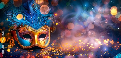 Carnival Venetian Mask Adorned with Bokeh Lights and Confetti on Abstract Defocused Backdrop. Made with Generative AI Technology (ID: 787643085)