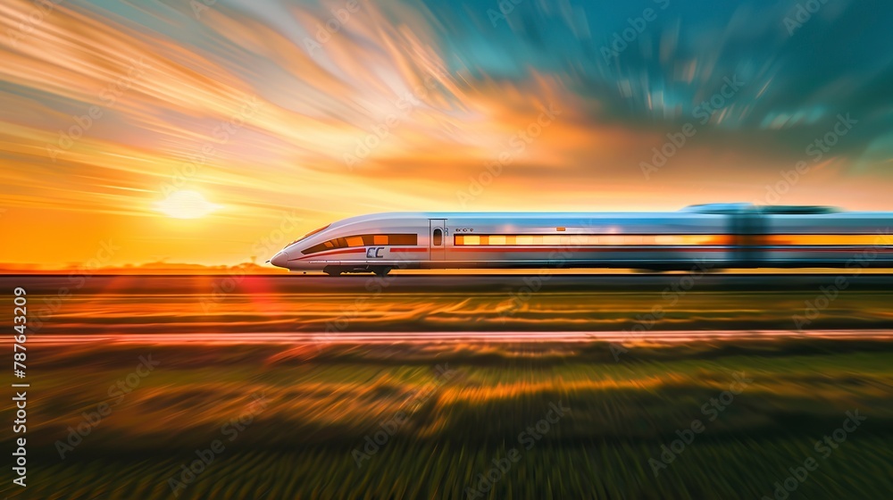 High-speed train zooming through countryside, side view, golden sunset lighting, sleek design.