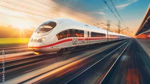 High-speed train zooming through countryside, side view, golden sunset lighting, sleek design. 