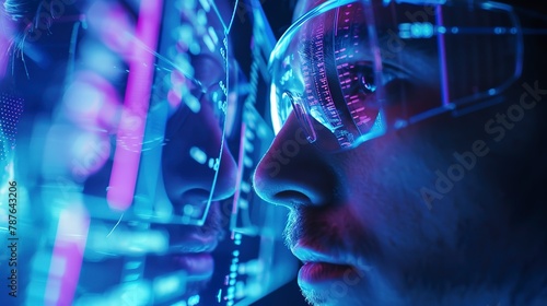 Scientist using holographic interface  mid-shot  blue and purple lighting  focused expression. 