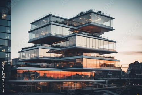 A Modern Architectural Marvel: A Multi-Storied Building with a Cascading Series of Glass Terraces Overlooking the Cityscape
