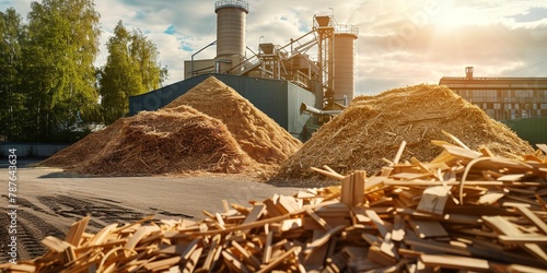 Biomass energy facility, piles of wood chips, sunny day, essential green energy, front angle.  photo