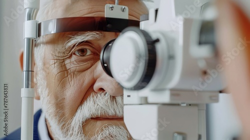 Elderly man undergoing an eye examination at an optometrist's office photo