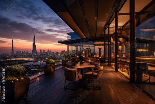 A Luxurious Boutique Hotel with a Vibrant Rooftop Bar Overlooking the Bustling Cityscape at Dusk photo