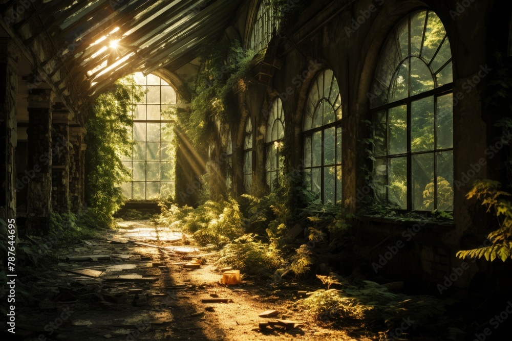 A Hauntingly Beautiful Depiction of an Abandoned Sanatorium Overgrown with Nature, Bathed in the Soft Glow of a Setting Sun