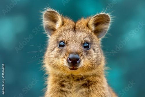 cute quokka closeup friendly australian marsupial vibrant teal background wildlife photography