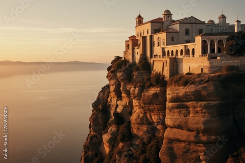 A Serene Cliffside Monastery Overlooking the Vast Ocean, Bathed in the Golden Glow of the Setting Sun