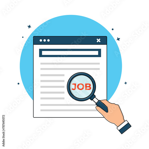 Hand Searching Job with Magnifying on Web Page Vector Illustration. Job Searching Concept Design
