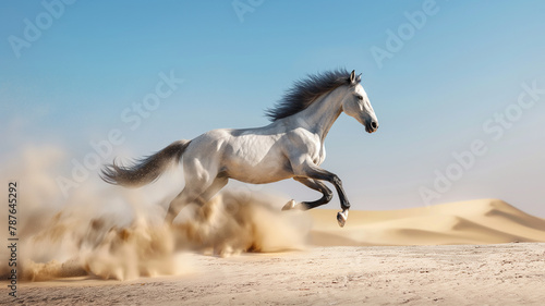 White horse in the desert, thoroughbred horse racer in motion