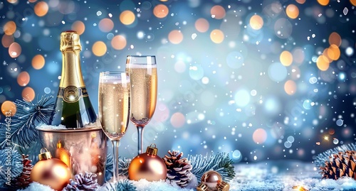 Christmas Celebration Featuring Champagne Flutes on Snow, Enhanced by Fir Branches and Bokeh. Made with Generative AI Technology (ID: 787646213)