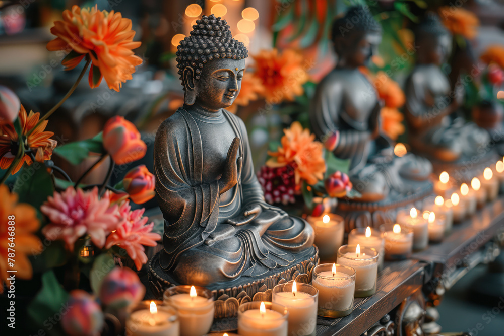 Buddha sits in lotus position for meditation, surrounded orange flowers and burning candles. Holiday Buddha's Birthday. Buddhism concept