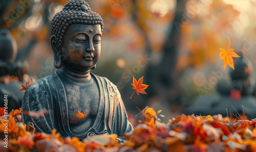 Buddha statue strewn with autumn orange maple leaves. Buddha s Birthday Holiday. Statue against a background of yellow trees. Template for design  place for text. Buddhism concept