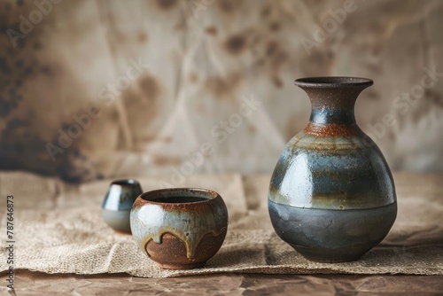 Japanese ceramic sake set on natural paper
