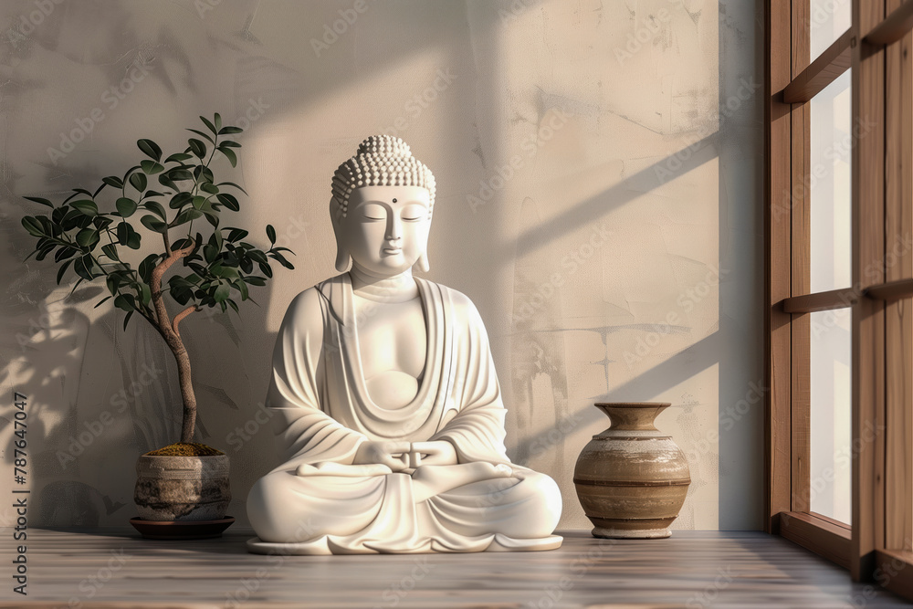 White Buddha statue in interior opposite the window. Buddha's Birthday Holiday. Template for design, place for text. Buddhism concept White Buddha statue in interior opposite the window. Buddha's Birthday Holiday. Template for design, place for text. Buddhism concept