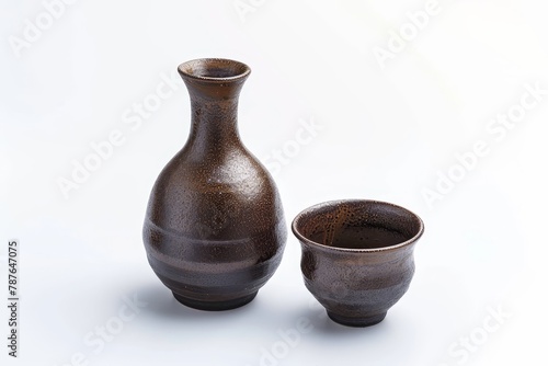 Japanese sake in brown ceramic container and cup on white background © LimeSky
