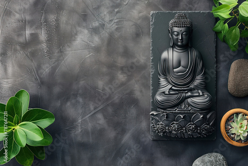Dark figurine of Buddha, flowers and pebbles on dark textured background. Layout, top view, flat lay: Buddha's Birthday holiday. Template for design, place for text. Buddhism concept