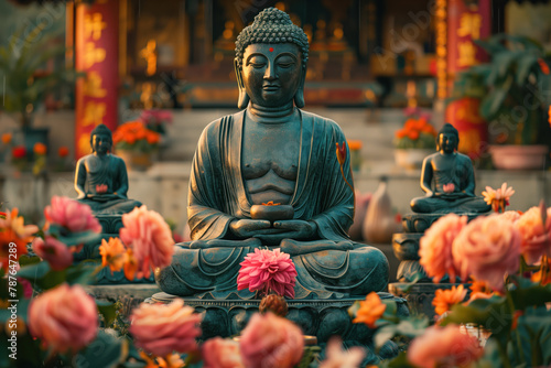 Buddha in lotus position meditation. Monument with pink flowers in temple courtyard. Holiday Buddha's Birthday. Buddhism concept photo