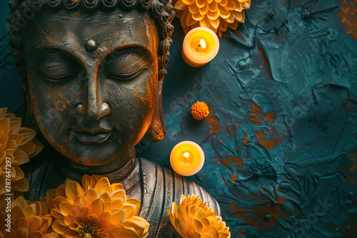 Flat lay: Buddha close-up, yellow lotus flowers and candles on dark turquoise textured background, with space for text. Layout, top view. Buddha's birthday. Template for design