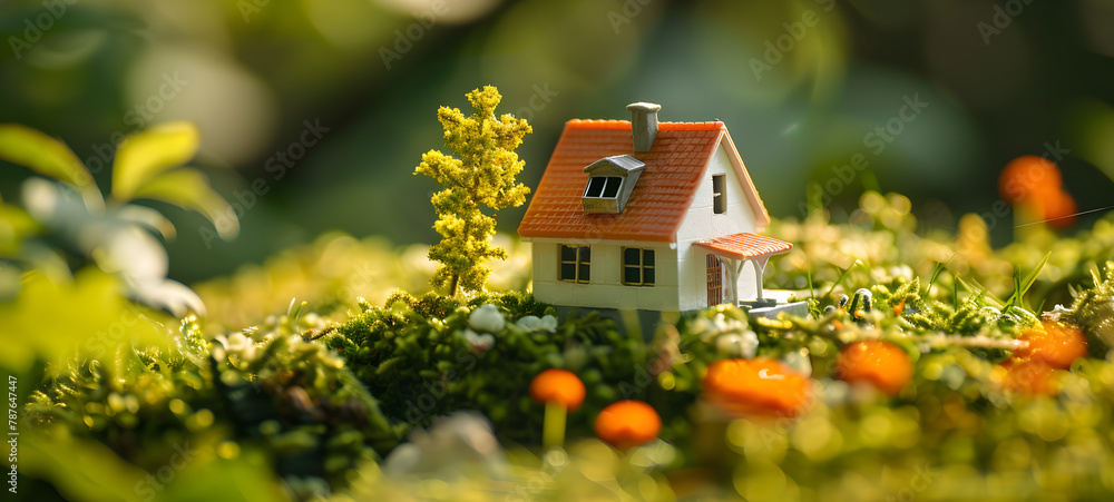 This little House is situated on a green field small house on grass at outside.