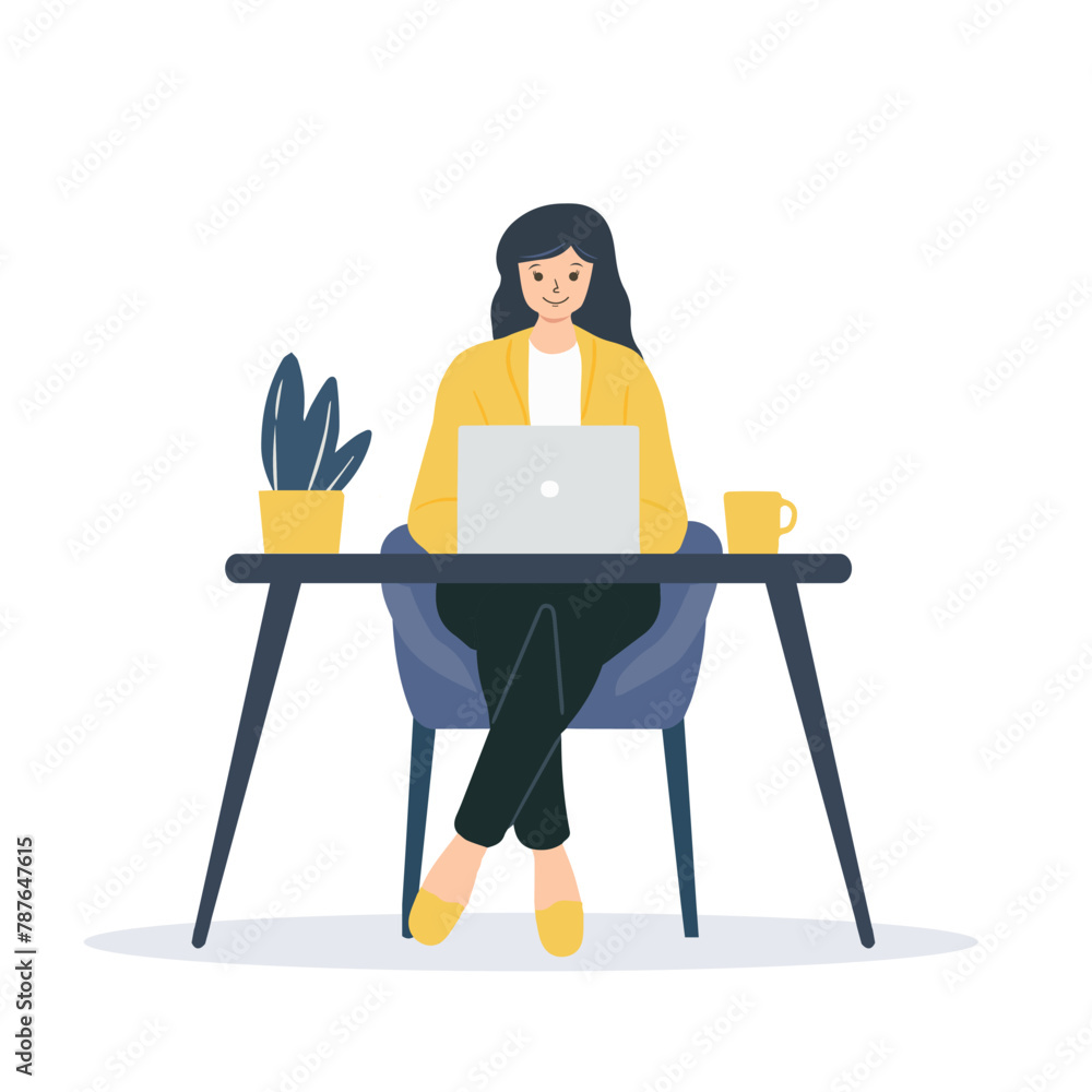 Woman with a laptop.Computer work. Freelancing, online education or social networking concept. Vector illustration isolated on white Woman with a laptop.Computer work. Freelancing, online education or social networking concept. Vector illustration isolated on white