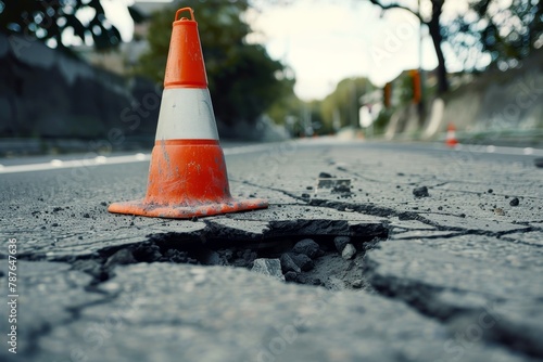 Large hole on road asphalt failure marked with cone travel danger earthquake ground movement