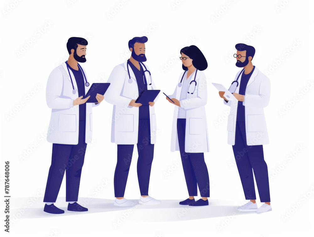 A group of four diverse healthcare professionals in lab coats discussing, with clipboards and a tablet in hand. A group of four diverse healthcare professionals in lab coats discussing, with clipboards and a tablet in hand.