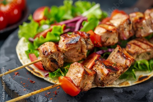 Lean pork kebabs with corn tortilla and salad close up on dark background