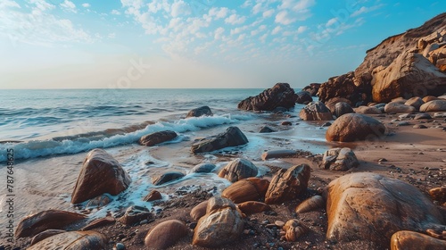 Beach with boulders, sedimentary rock, eroded stone 