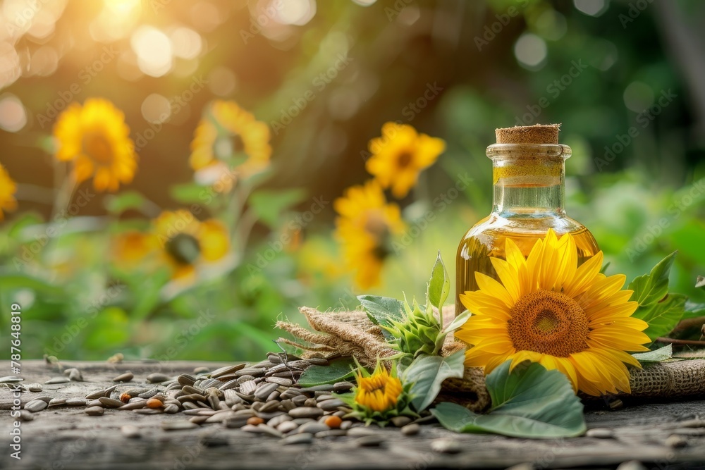 Organic sunflower oil in a small jar with seeds and flowers Outside