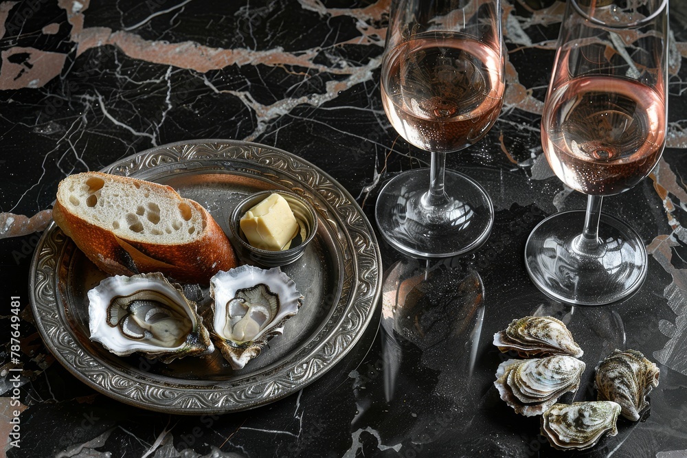 Oysters served with bread butter and wine on marble table