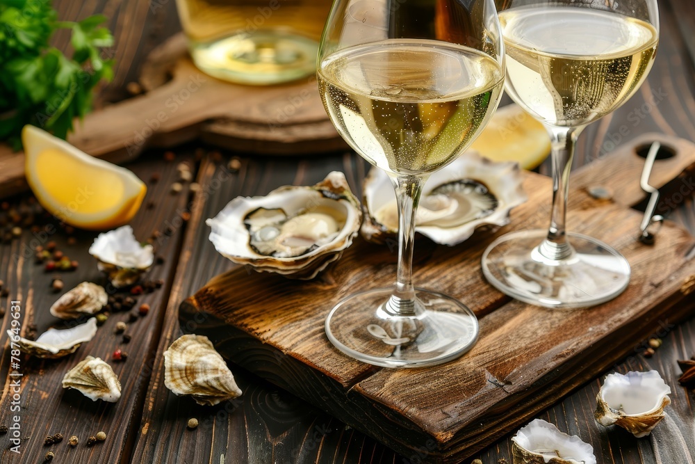 Pair of fresh oysters with white wine