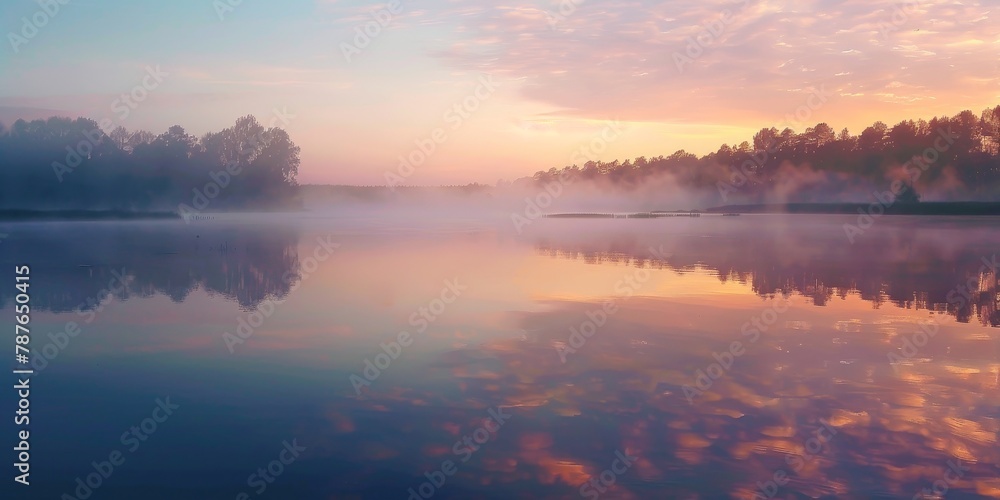 A calm lake with a beautiful orange and pink sky in the background. The water is still and the sky is hazy