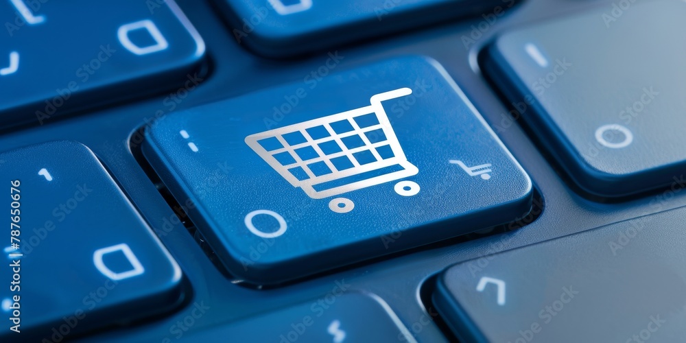 A blue keyboard with a shopping cart on it. The cart is silver and has a white handle A blue keyboard with a shopping cart on it. The cart is silver and has a white handle
