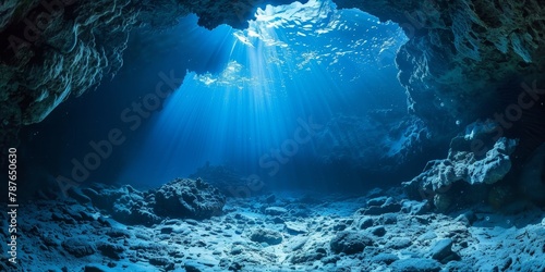 A deep blue ocean with sunlight shining through the water. The scene is peaceful and serene. The water is calm and clear, and the rocks on the bottom of the ocean are visible