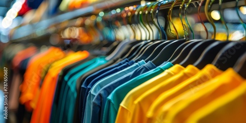 A rack of clothes with a variety of colors including yellow, blue, and orange. The clothes are hanging on hangers and appear to be well-organized