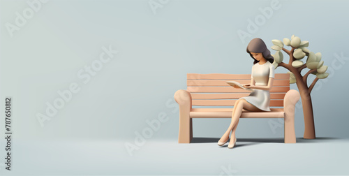 A girl reads a book on a bench, and a tree, 3D. Banner for the concepts of rest, leisure, pleasant leisure in the park, and reading favorite books in nature. Vector illustration.
