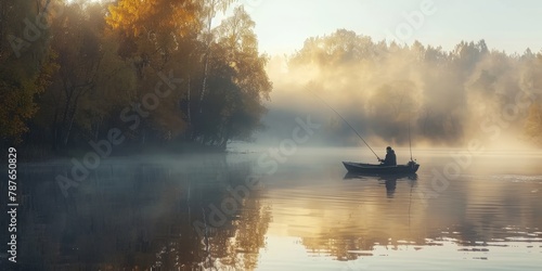 A man is fishing in a lake with foggy weather. The lake is calm and peaceful, and the man is enjoying the serenity of the moment © kiimoshi