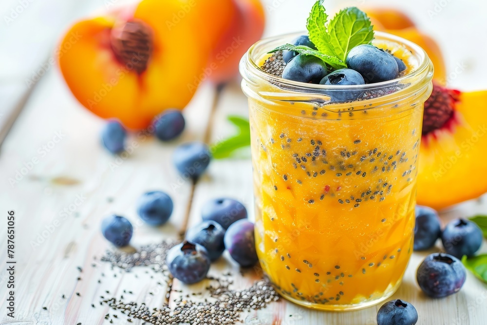 Peach smoothie with tropical fruits and chia seeds in jar for breakfast on white wooden background Peach smoothie with tropical fruits and chia seeds in jar for breakfast on white wooden background