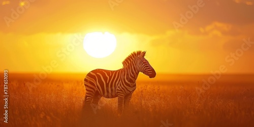 A zebra stands in a field of tall grass  with the sun setting in the background. The scene is serene and peaceful  with the zebra being the only living creature in the image