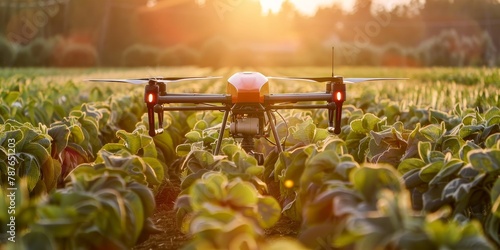 A drone is flying over a field of green plants. The drone is equipped with a camera and is likely being used for agricultural purposes. Concept of technology and innovation in the field of farming photo
