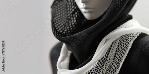 A mannequin wearing a scarf with a black and white pattern. The scarf is made of a mesh material and is draped around the mannequin's neck