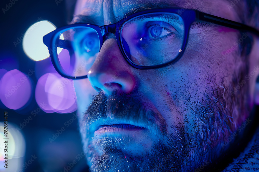 Close-Up of a Pensive Man with Glasses, Neon Lights Reflecting on Lens, Cyber-Inspired Ambiance Close-Up of a Pensive Man with Glasses, Neon Lights Reflecting on Lens, Cyber-Inspired Ambiance