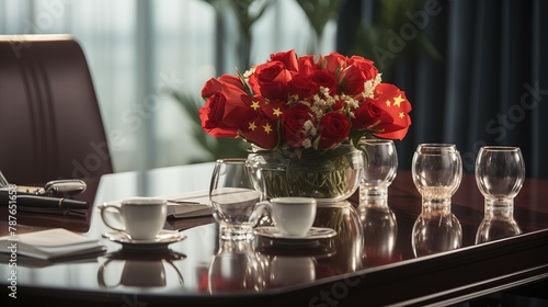 Chinese Flag-Themed Flower Arrangement on a Business Meeting Table