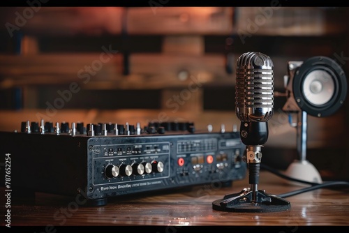 A vintage microphone stands next to a sleek digital audio interface
