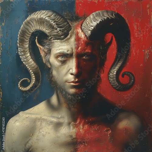 Portrait of a Man with Ram Horns on Red and Blue Background