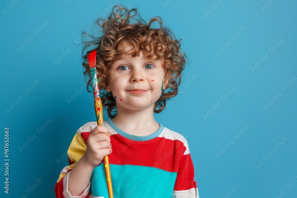Child with paintbrush on blue background. Child with paintbrush on blue background.