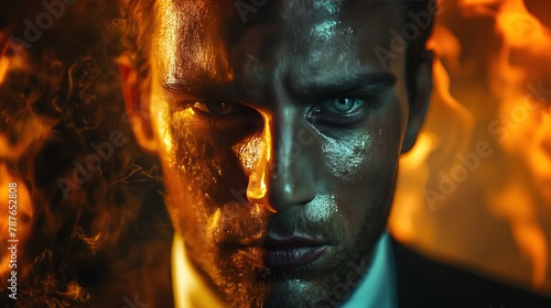 Mysterious Man with Intense Gaze Amidst Fire and Shadows