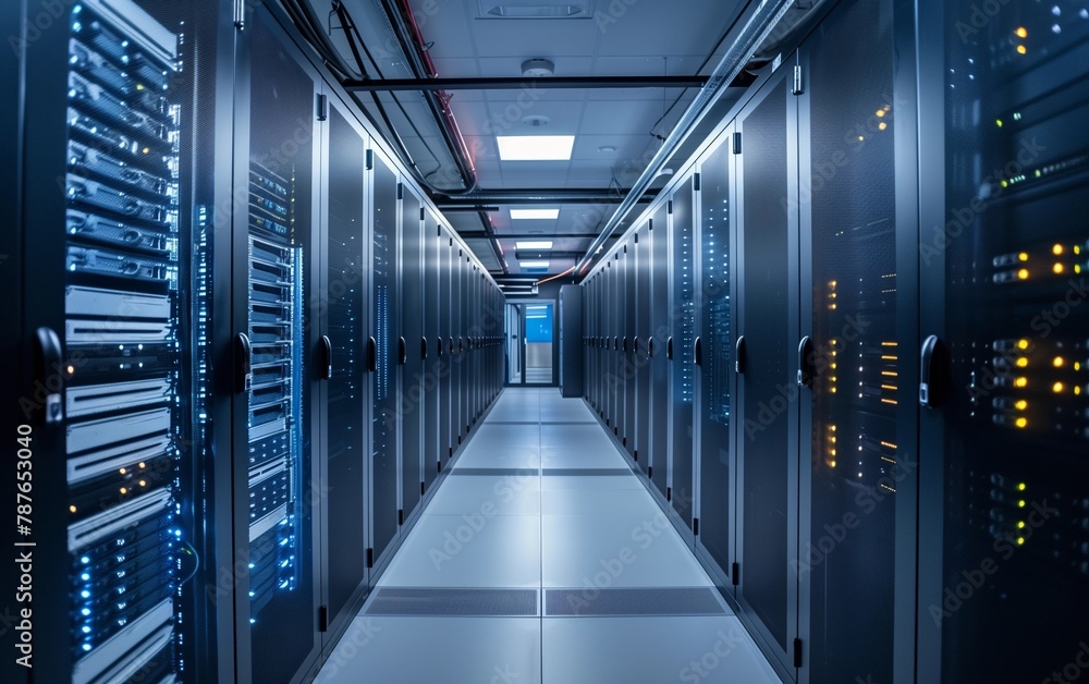 Fototapeta premium Rows of High-Performance Servers in a Modern Data Center - Big Data, Web Infrastructure, Technology