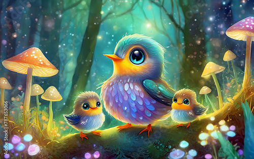 Sweet mother bird and her chick in magical fantasy forest. Mother's day illustration  © Fatima Seehagen